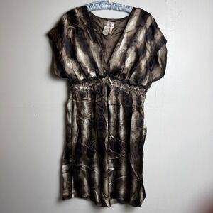 MSSP Max Studio 100% Silk Tie Dye Stripe Smocked Empire Waist Dress Brown Y2K L
